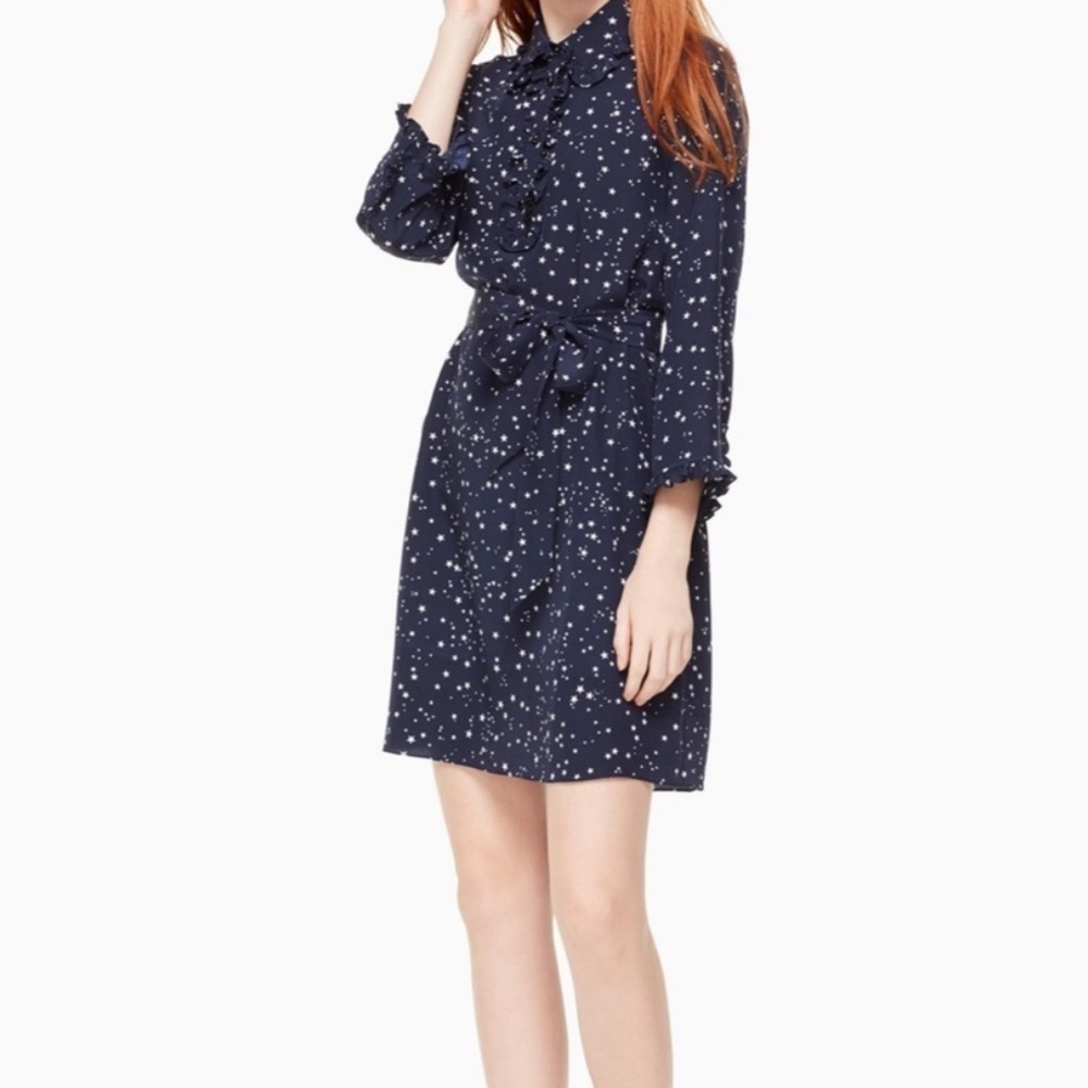 Kate Spade Night Sky 100% Silk Shirtdress Bow Tie Neck Scarf Size XS NEW
